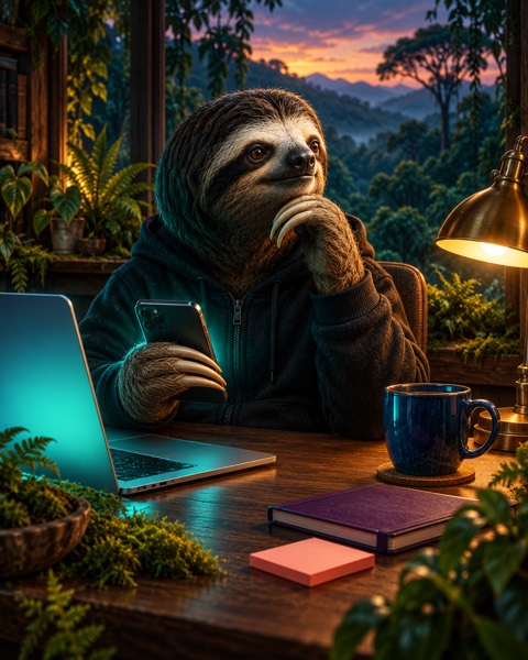 Illustration: a hoodie-wearing sloth with a thoughtful expression checks a phone beside an open laptop.